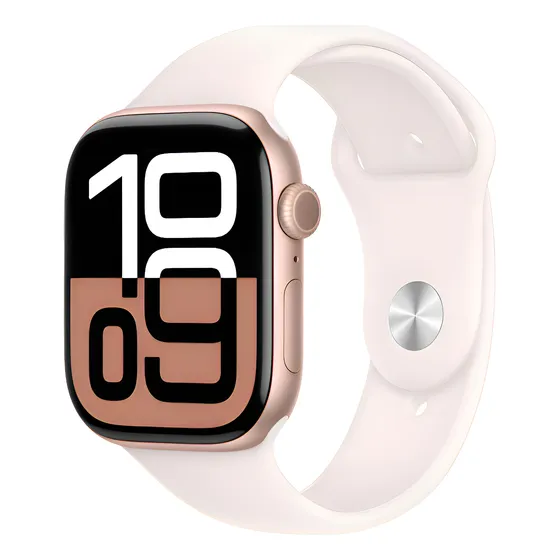Imagem do produto Apple Watch Series 10 GPS + Cellular • Caixa cor de ouro rosa de alumínio – 46 mm • Pulseira esportiva blush-clara – P/M - Distribuidor Autorizado