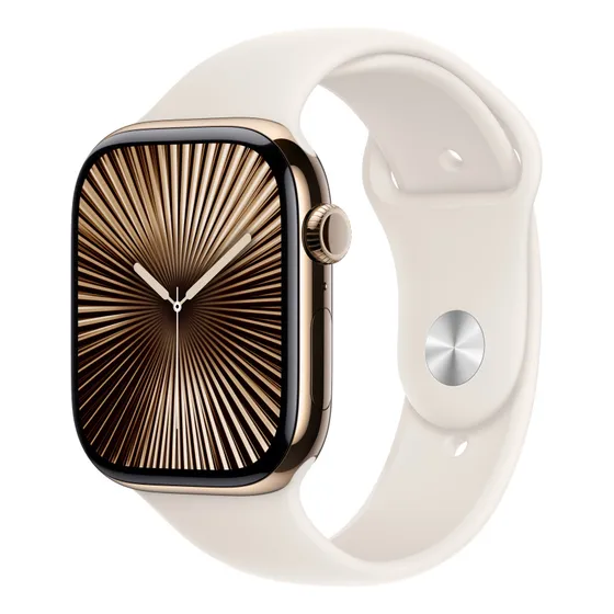 Imagem do produto Apple Watch Series 10 GPS + Cellular • Caixa dourada de titânio – 46 mm • Pulseira esportiva estelar – M/G - Distribuidor Autorizado