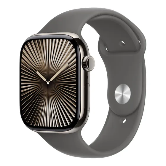 Imagem do produto Apple Watch Series 10 GPS + Cellular • Caixa natural de titânio – 46 mm • Pulseira esportiva cinza-pedra – P/M - Distribuidor Autorizado