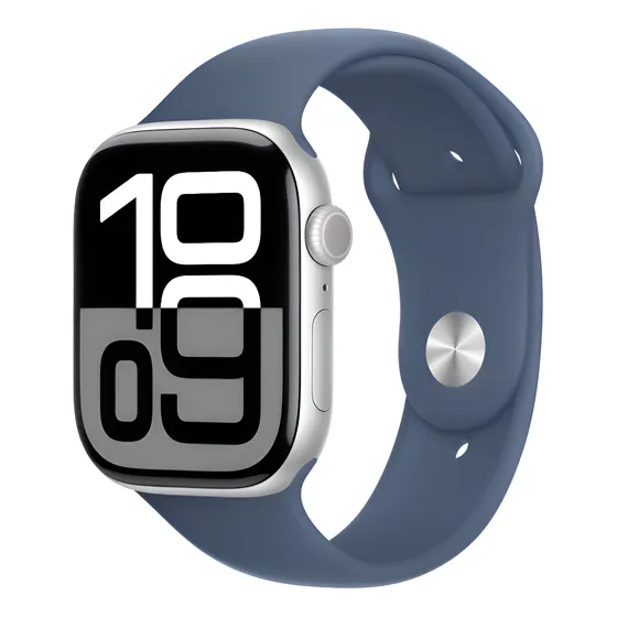Imagem do produto Apple Watch Series 10 GPS + Cellular • Caixa prateada de alumínio – 46 mm • Pulseira esportiva denim – M/G - Distribuidor Autorizado