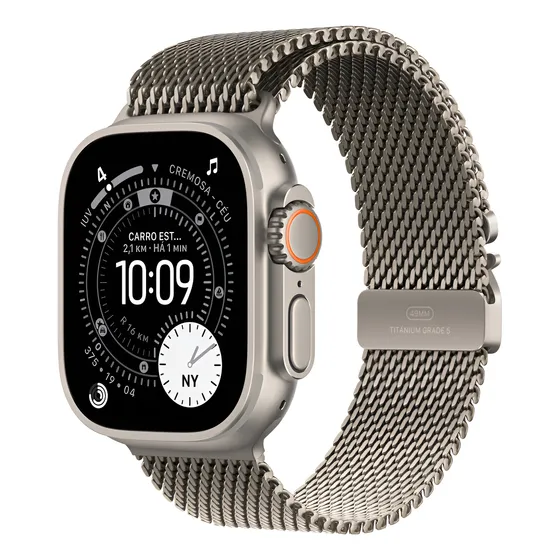 Imagem do produto Apple Watch Ultra 3 GPS + Cellular • Caixa natural de titânio – 49 mm • Pulseira natural estilo milanês de titânio – G - Distribuidor Autorizado
