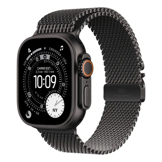 Imagem do produto Apple Watch Ultra 3 GPS + Cellular • Caixa preta de titânio – 49 mm • Pulseira preta estilo milanês de titânio – M - Distribuidor Autorizado
